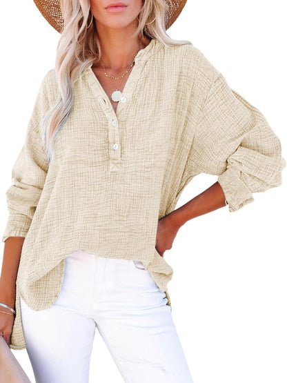 ⏰Hot Sale-Womens Casual Button V Neck Long Sleeve Shirts Oversized Solid Blouses Tops