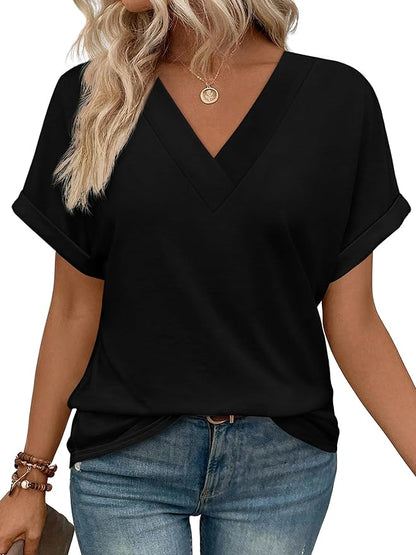 ✨Womens Summer V Neck Short Sleeve Solid Color Basic T Shirt