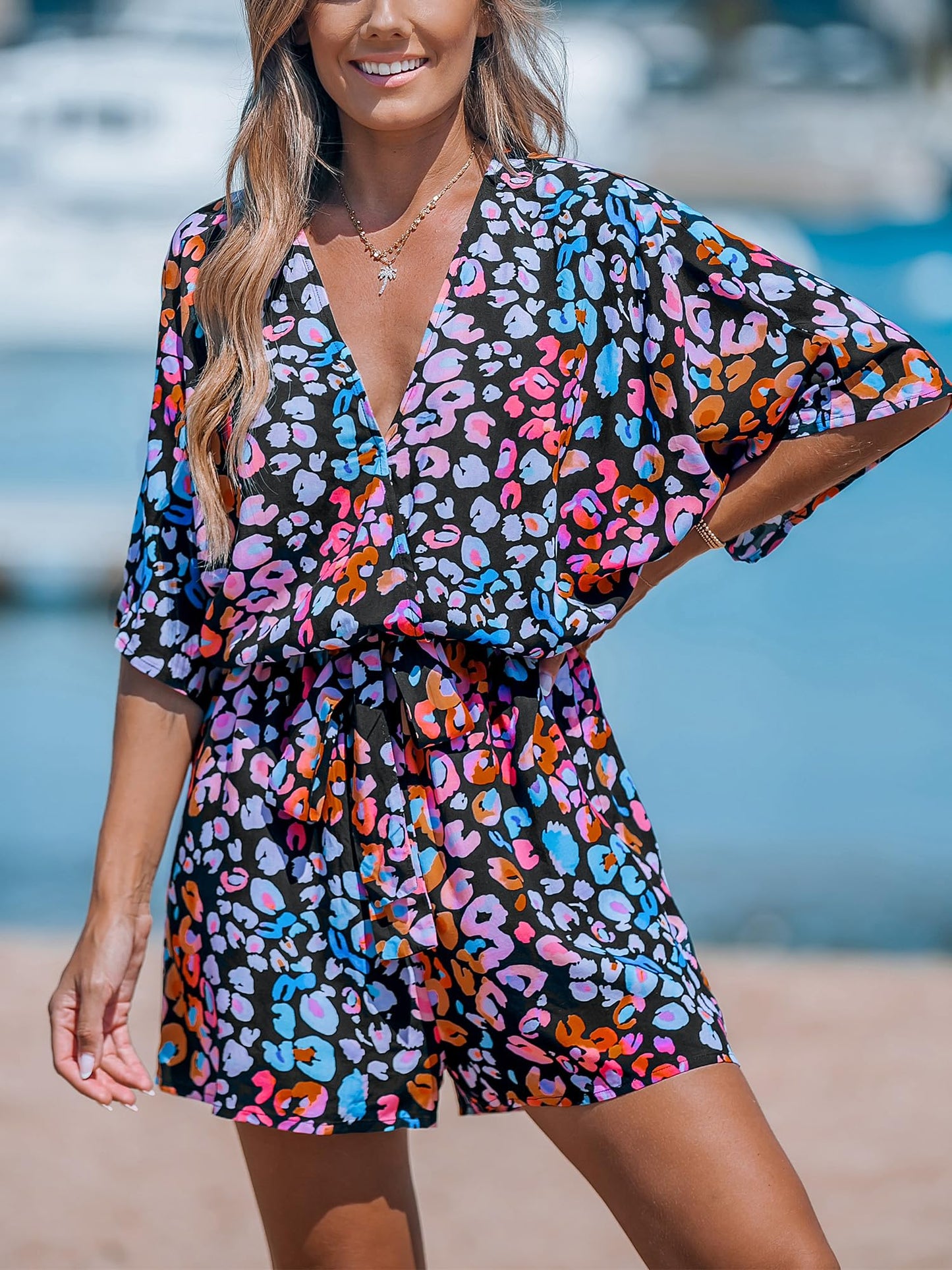 ✨Women's Lace Up Print Romper Short Sleeves Jumpsuits Wide leg Outfit