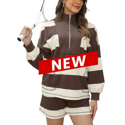 Women's Lounge Set 2 Piece Striped Long Sleeve Quarter Zip