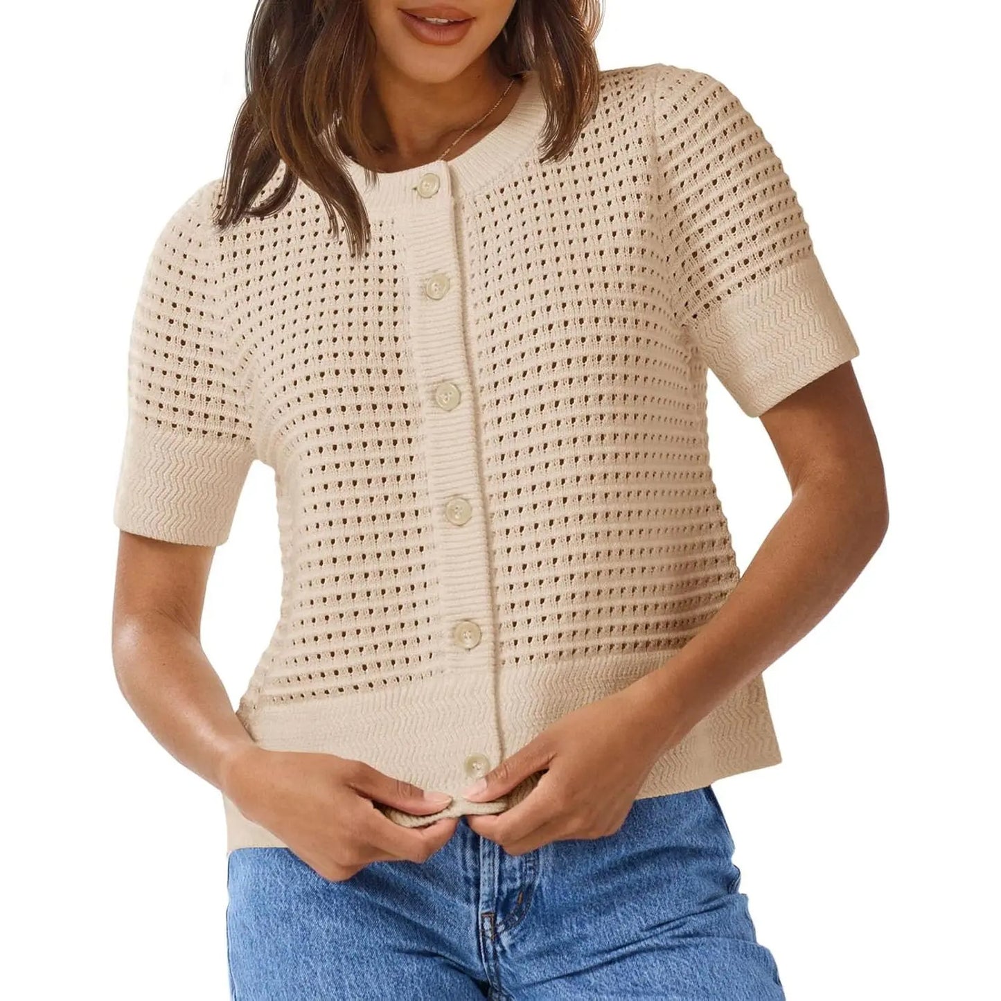 Womens Crochet Short Sleeve Cardigans Button Up Crew Neck Summer