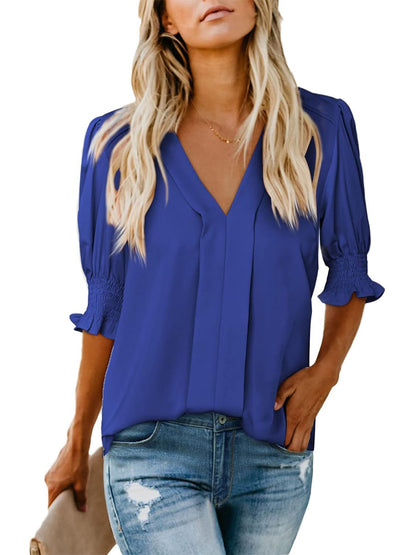 ✨Women's V Neck Dressy Puff Ruffle Blouse Casua Short Sleeve Tops
