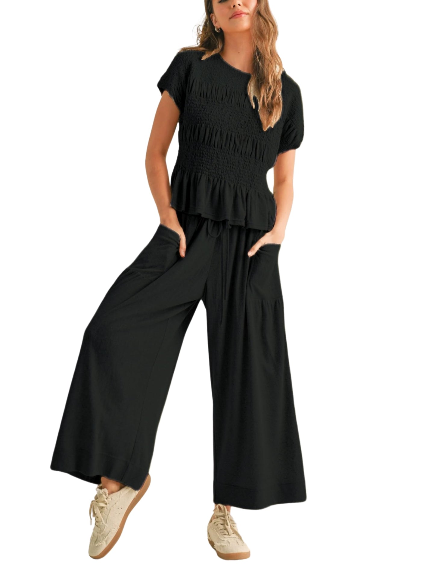 ✨Women's Pleated Top Wide Leg Pants Set with Pockets