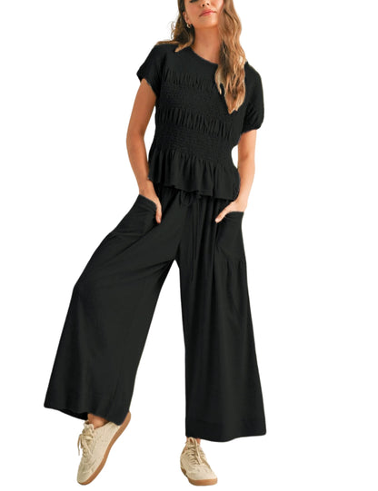 ✨Women's Pleated Top Wide Leg Pants Set with Pockets