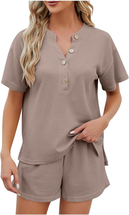 Women's Waffle Short Sleeve Button Top with Shorts Lounge Sets