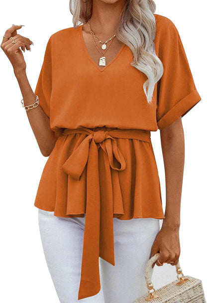 ✨Womens V Neck Blouse Short Sleeve Belted Casual T-Shirts Basic Tee Tops