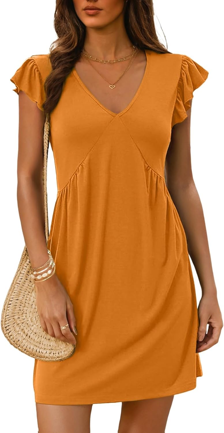 ✨Women's Summer  Beach Casual Deep V Neck Loose Sundress Ruffle Sleeve Mini Dress