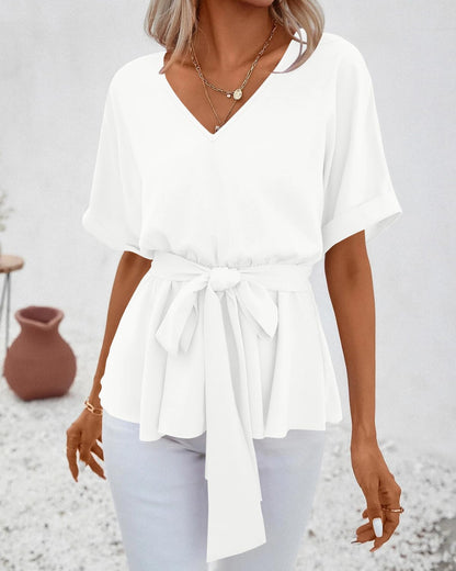✨Womens V Neck Blouse Short Sleeve Belted Casual T-Shirts Basic Tee Tops