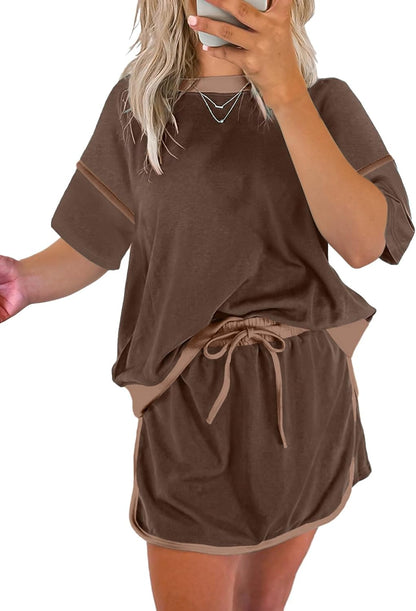 ✨Women's Summer Short Sleeve Tops Matching Drawstring Mini Skirt Lounge Sets