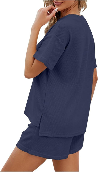 Women's Waffle Short Sleeve Button Top with Shorts Lounge Sets