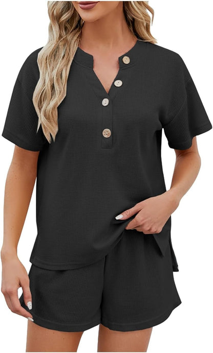 Women's Waffle Short Sleeve Button Top with Shorts Lounge Sets