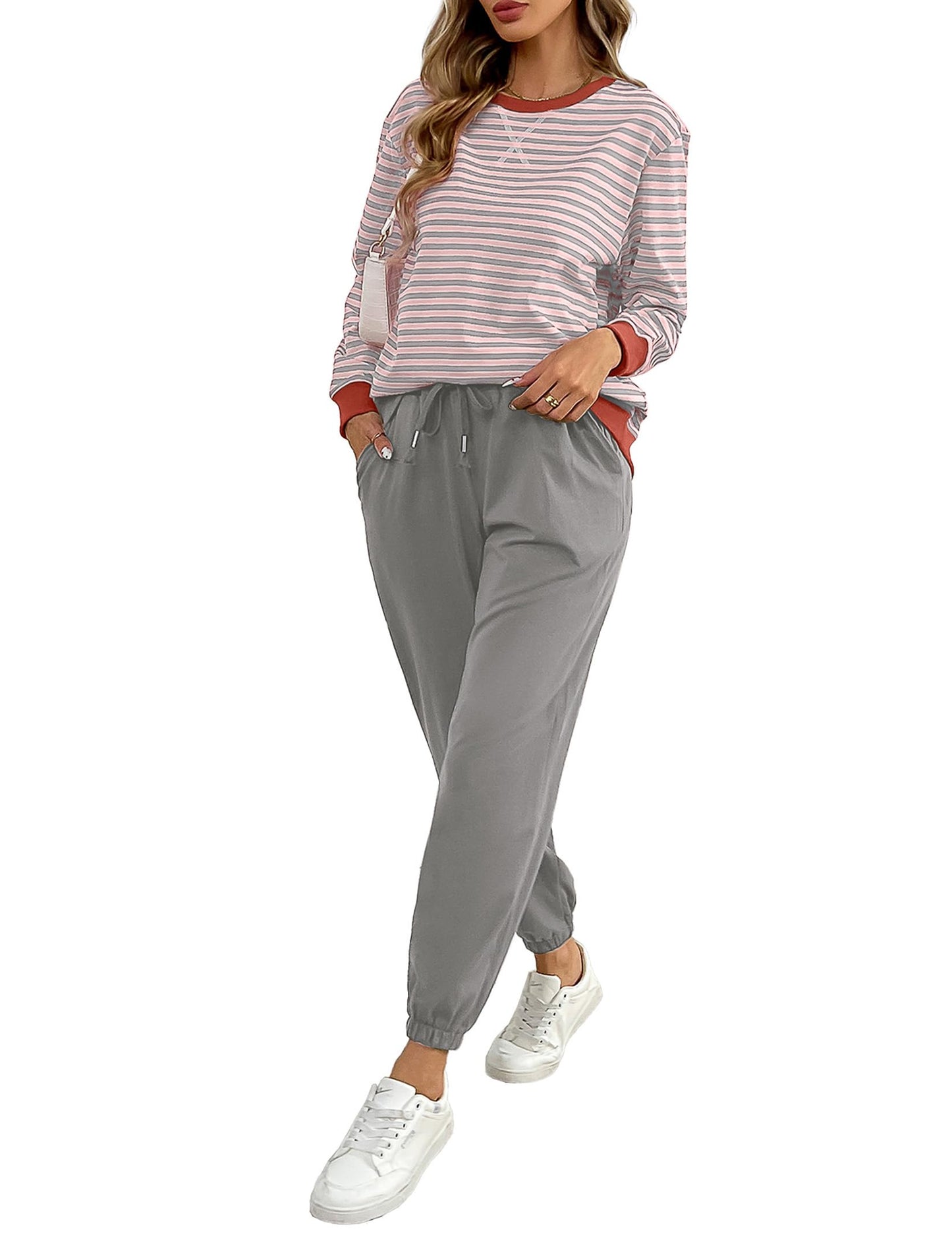 ✨Women's Cozy Striped Color Block Long Sleeve Tops Jogger Sweatpants 2 Piece Outfits