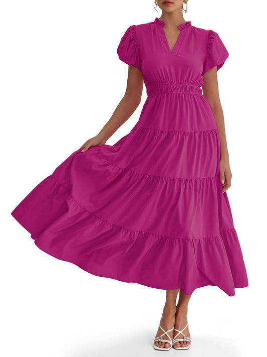 Puff Short Sleeve V Neck Flowy Tiered Beach A-Line Dresses