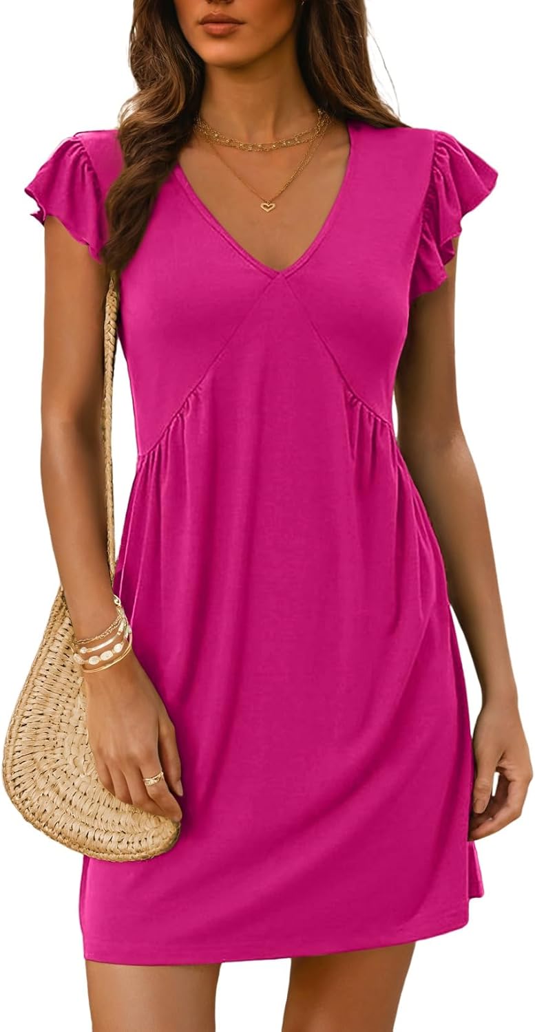 ✨Women's Summer  Beach Casual Deep V Neck Loose Sundress Ruffle Sleeve Mini Dress