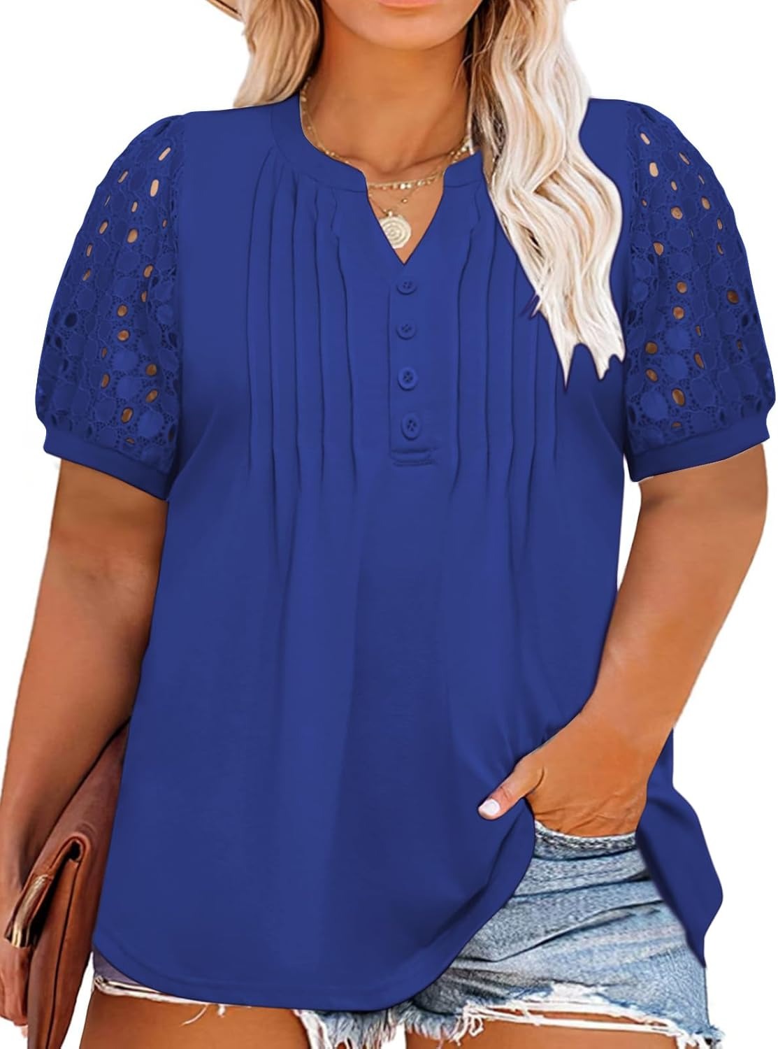 ✨Women's Plus Size Lace Sleeve Tees Casual Pleated Flowy Tunic Tops