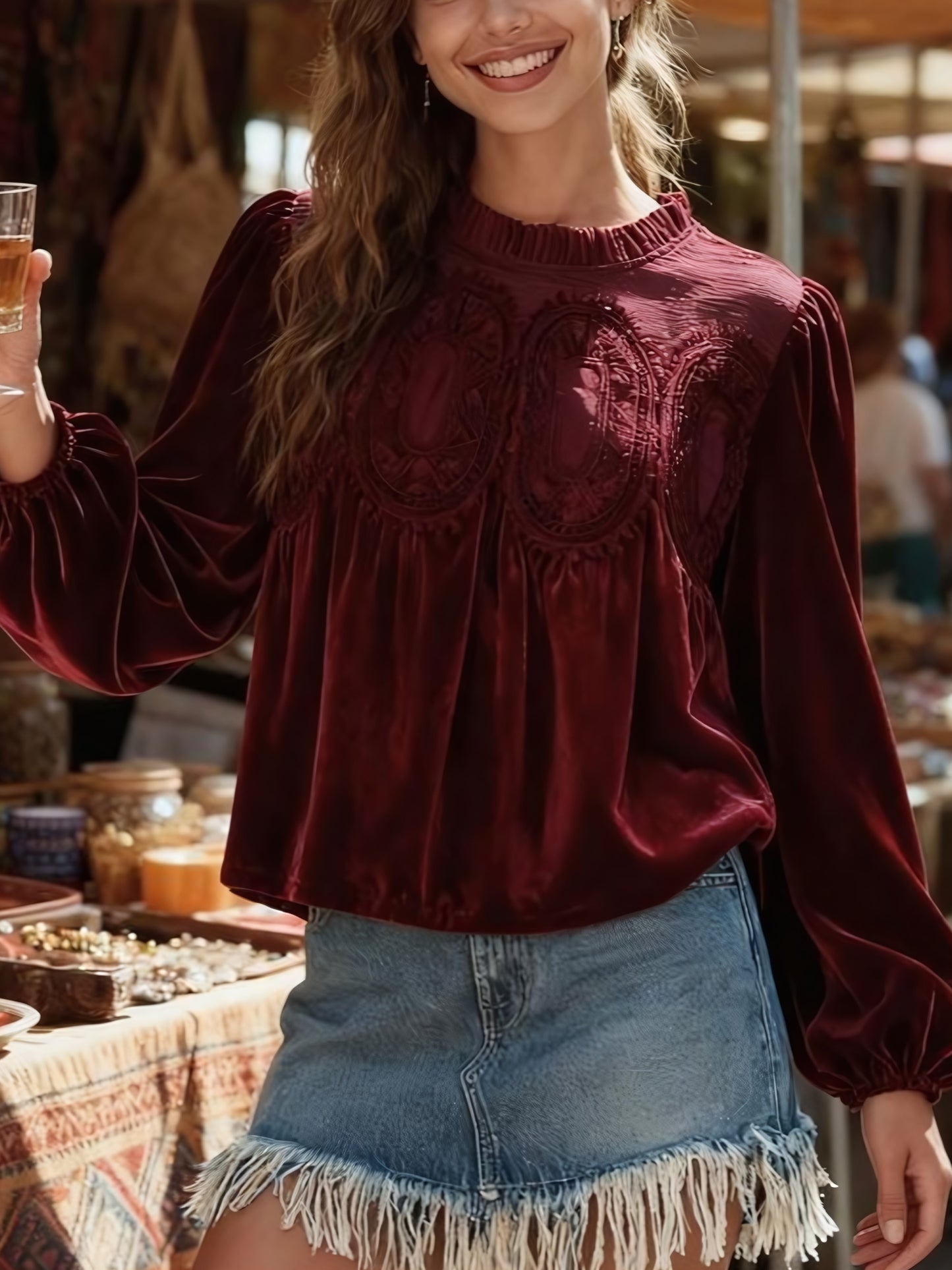 ⏰Hot Sale-Women's Long Sleeve Velvet Trim Lace Blouse Elegant Flared Swing Top