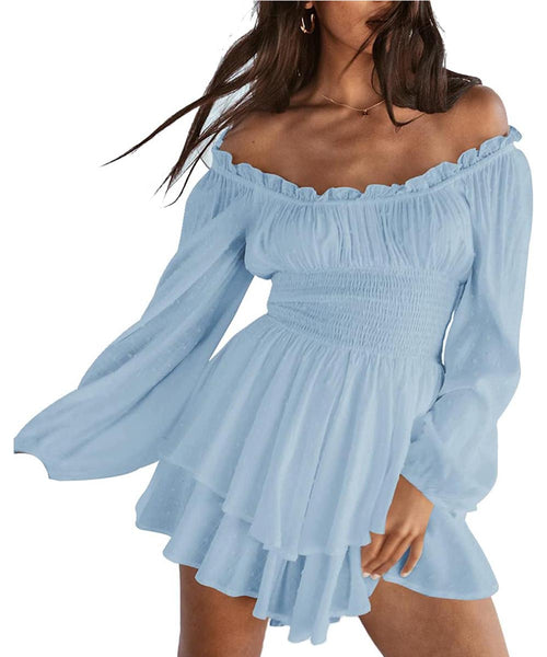 ✨Women's Off-the-shoulder Lantern Sleeves Ruffled Hem Mini Romper