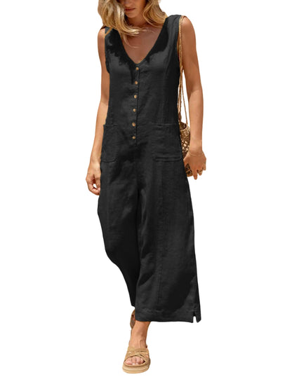 Women Button Down Jumpsuits Sleeveless Casual Wide Legs