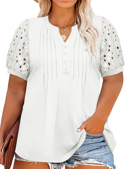 ✨Women's Plus Size Lace Sleeve Tees Casual Pleated Flowy Tunic Tops