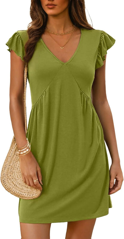 ✨Women's Summer  Beach Casual Deep V Neck Loose Sundress Ruffle Sleeve Mini Dress