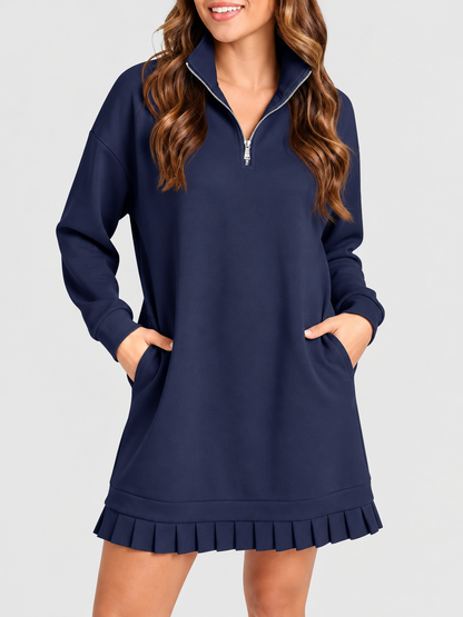 Hot Sale-Women's Half Zip Sweatshirt Dress with Pleated Hem