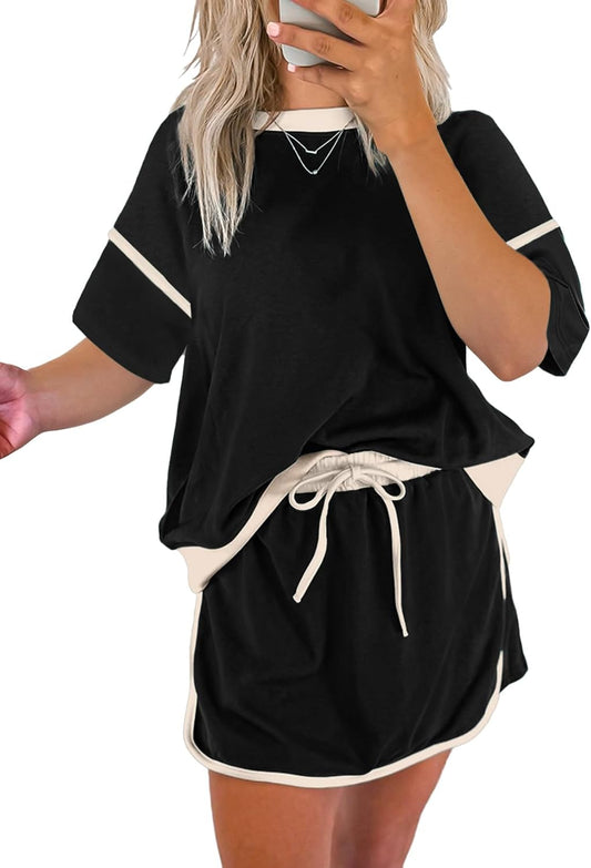 ✨Women's Summer Short Sleeve Tops Matching Drawstring Mini Skirt Lounge Sets