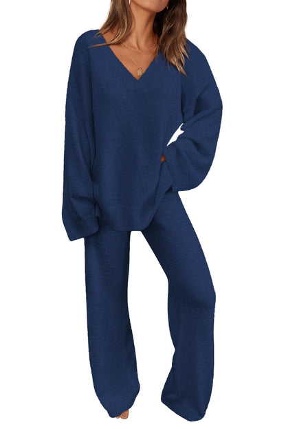✨Women's 2 Piece Oversized V Neck Pullover Sweater Fuzzy Lounge Set