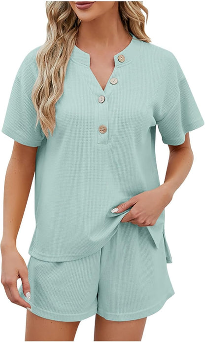 Women's Waffle Short Sleeve Button Top with Shorts Lounge Sets