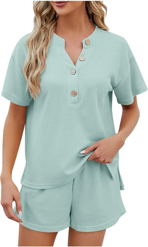 Women's Waffle Short Sleeve Button Top with Shorts Lounge Sets