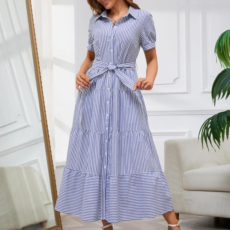 Women Button Down Striped Dress Lapel Collar Short Sleeve Dresses