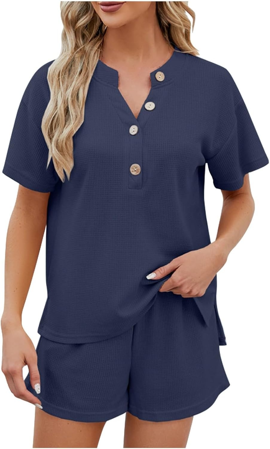 Women's Waffle Short Sleeve Button Top with Shorts Lounge Sets