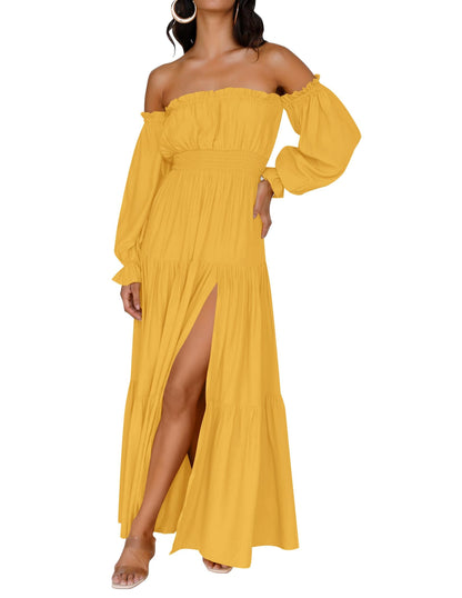 ⏰Hot Sale-Women's Boho Off Shoulder Long Sleeve Side Split Flowy A Line Long Maxi Dress
