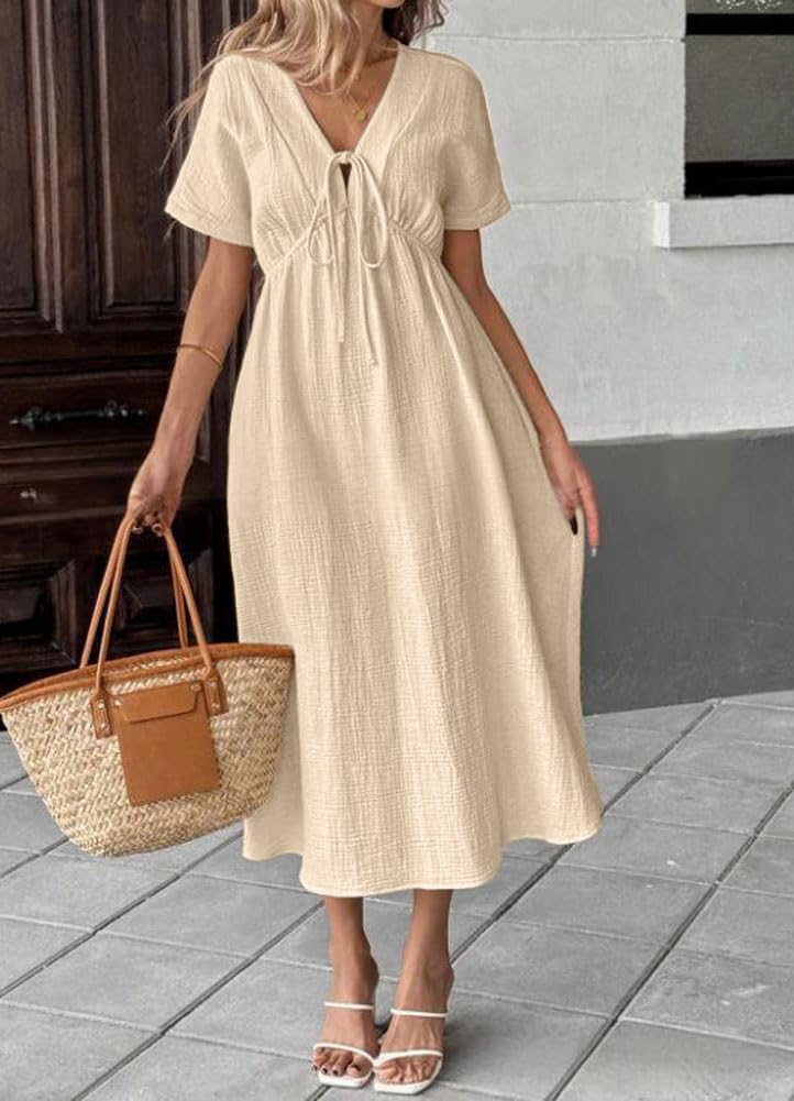 Women's Summer Solid Color V-Neck Cotton Dress