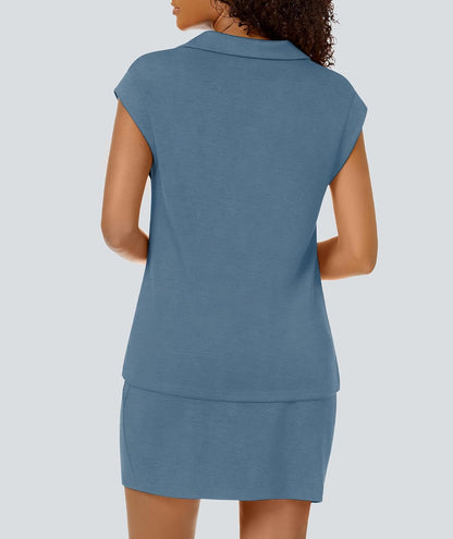 ✨Women's Casual Sports Cap Sleeve Lapel Shirt Skirt Two-Piece Set