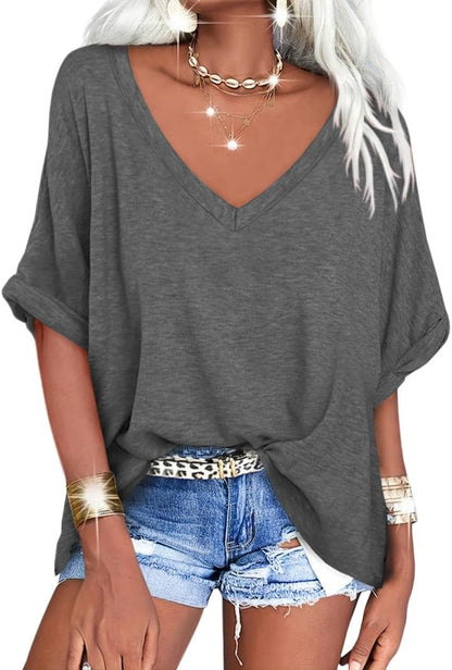 ✨Women's Oversized T Shirts V Neck Short Sleeve Summer Casual Loose Tops Tees