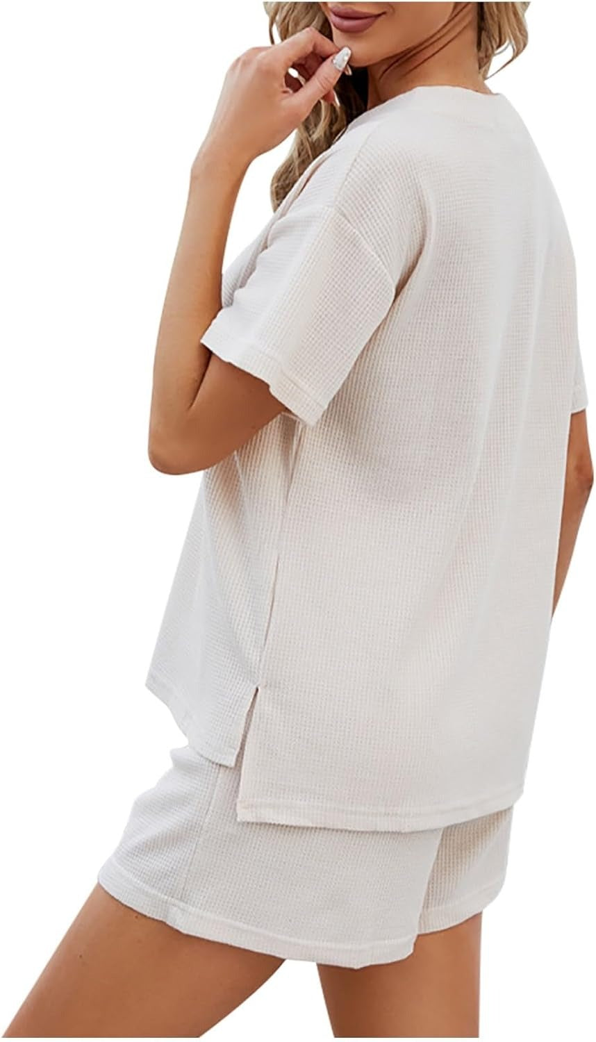 Women's Waffle Short Sleeve Button Top with Shorts Lounge Sets