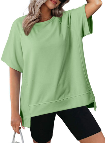Women's Oversized Round Neck High-Low Hem Short Sleeve Top