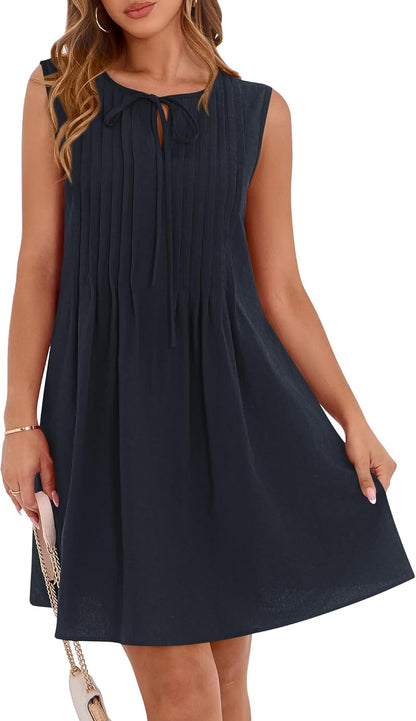 ✨2025 Sleeveless Cute Bow Tie Front Loose Pleated  Dresses