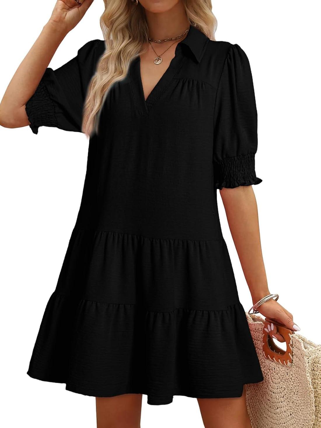 📣Smocked Sleeve Tiered V-Neck Mini Dress