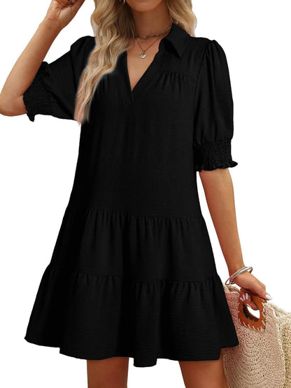 📣Smocked Sleeve Tiered V-Neck Mini Dress