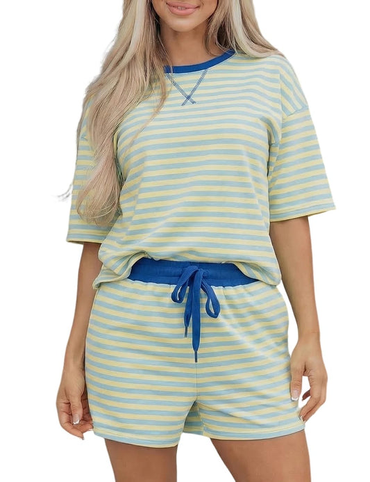 Women's Stripe Drop Shoulder Boxy Casual Terry Short Set