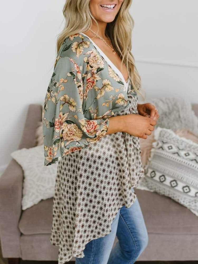 ⏰Hot Sale-Women's Floral Kimono Ruffle Sleeve Tie Cardigans Flowy Boho Loose Cover Ups