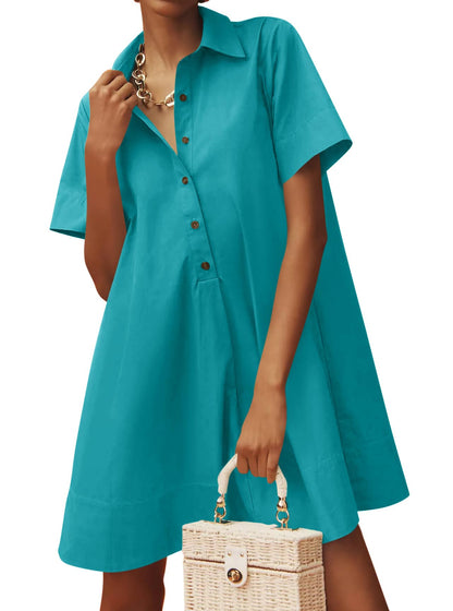 Women's Oversized Button-Down Shirt Dress, Casual Short Sleeve Collared Mini Dress