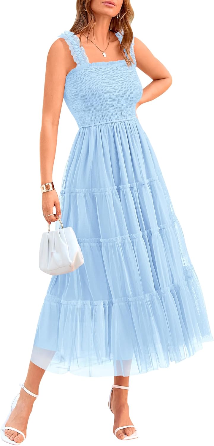 ✨Women's Casual Sleeveless Square Neck Smocked Ruffle Tulle Party Wedding Guest Dresses