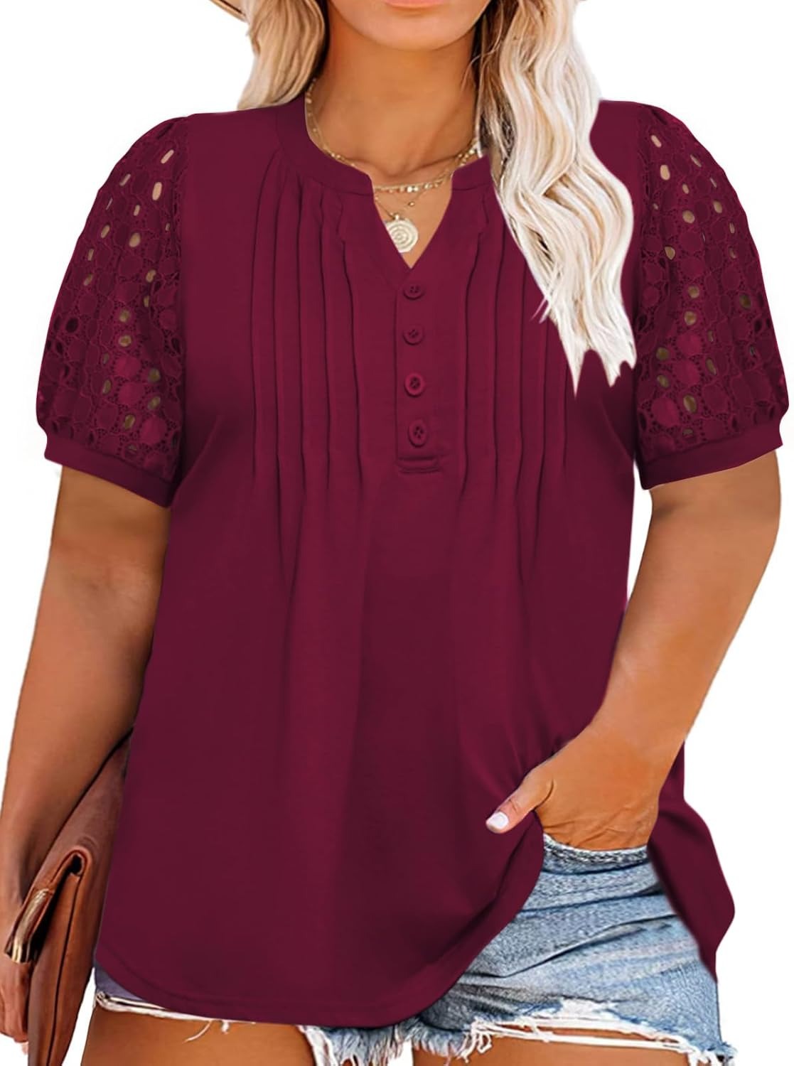 ✨Women's Plus Size Lace Sleeve Tees Casual Pleated Flowy Tunic Tops