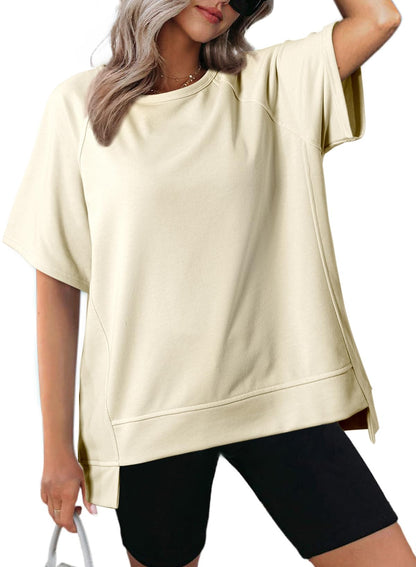 Women's Oversized Round Neck High-Low Hem Short Sleeve Top