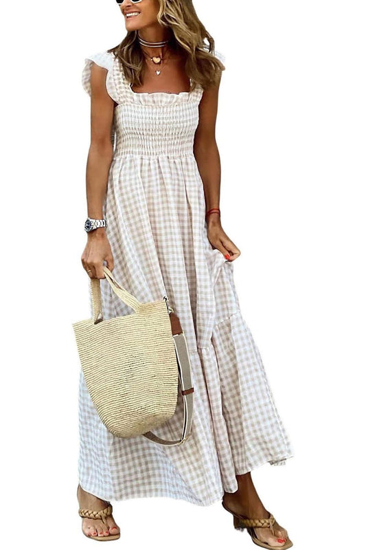 ✨Women's Retro Plaid Smocked Dress Spaghetti Strap Flounce Long Dress