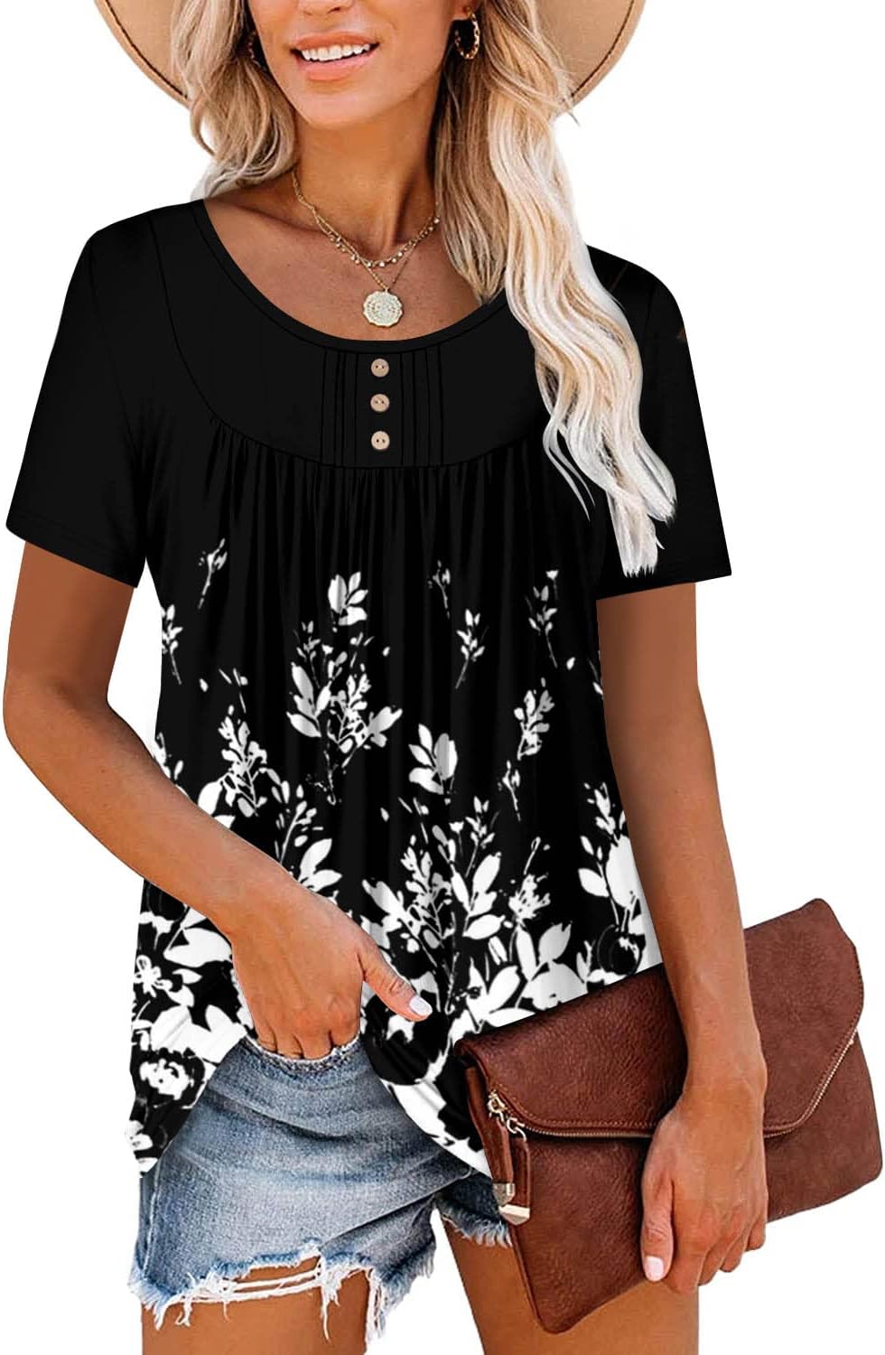 ⏰Hot Sale-Women's Summer Printed Pleated Crew Neck Tee