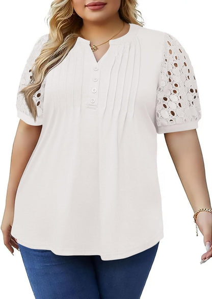 ✨Women's Plus Size Lace Sleeve Tees Casual Pleated Flowy Tunic Tops
