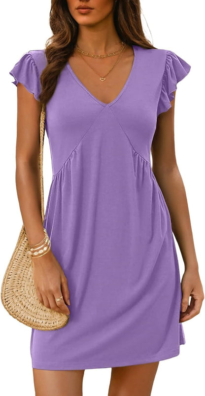 ✨Women's Summer  Beach Casual Deep V Neck Loose Sundress Ruffle Sleeve Mini Dress